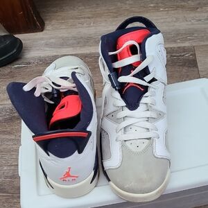Kids White and Navy Jordans with Red Accents